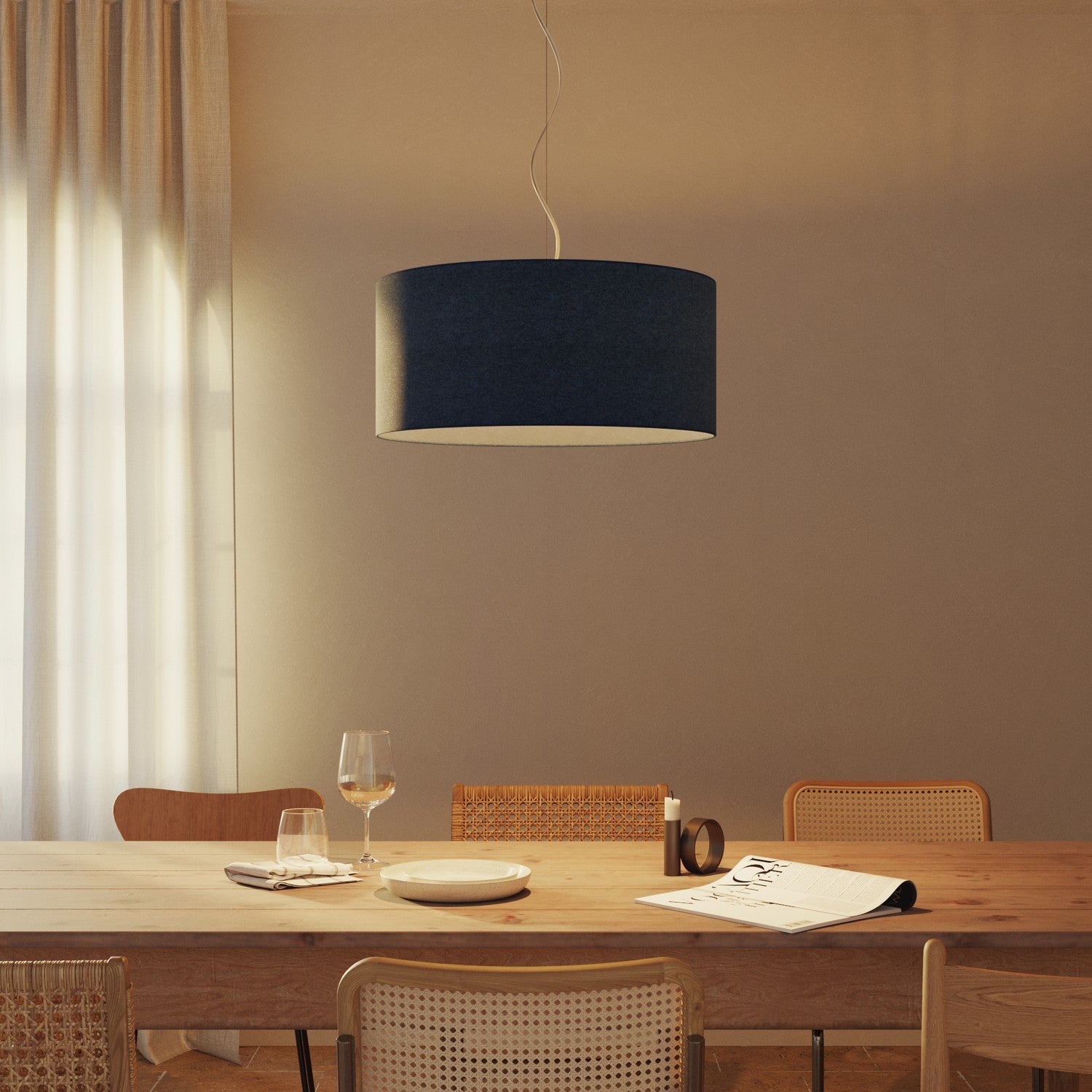 Lampada a sospensione con paralume in tessuto Cilindro Large - Made in Italy - Lana Blu No