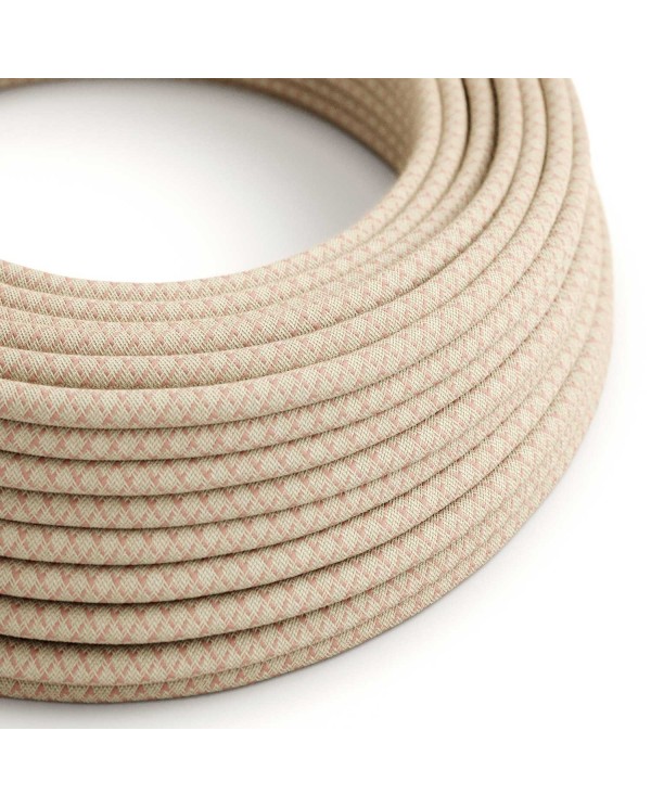 Round Electric Cable covered by Ancient Pink Lozanga Cotton and Natural Linen RD61