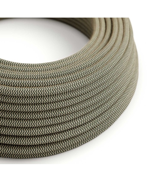 Round Electric Cable covered by Anthracite ZigZag Cotton and Natural Linen RD74