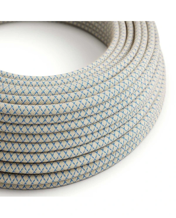 Round Electric Cable covered by Steward Blue Lozenge Cotton and Natural Linen RD65