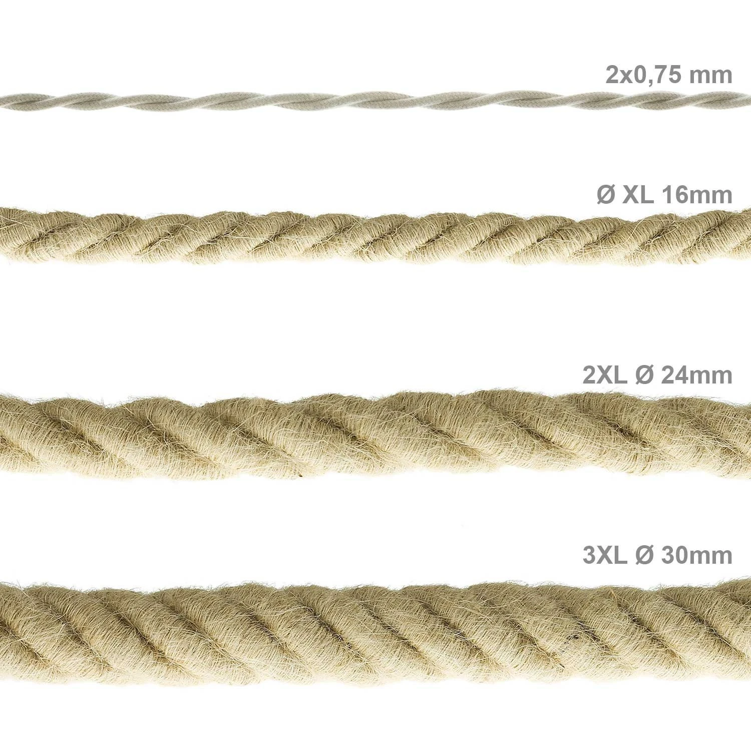 2XL electrical cord, electrical cable 3x0,75. Rough jute fabric covering. Diameter 24mm.