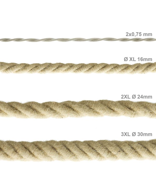 3XL electrical cord, electrical cable 3x0,75. Rough jute fabric covering. Diameter 30mm.