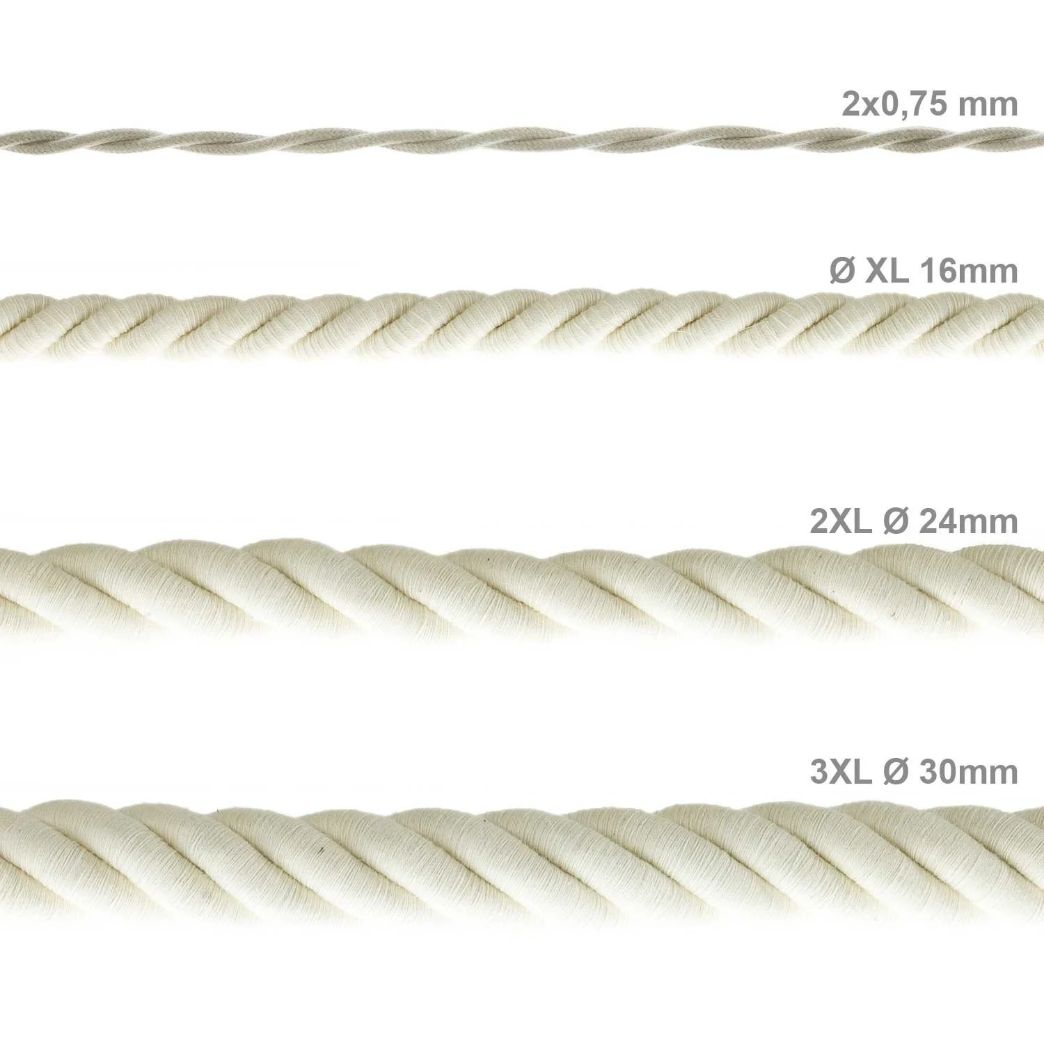 3XL electrical cord, electrical cable 3x0,75. Raw cotton fabric covering. Diameter 30mm.