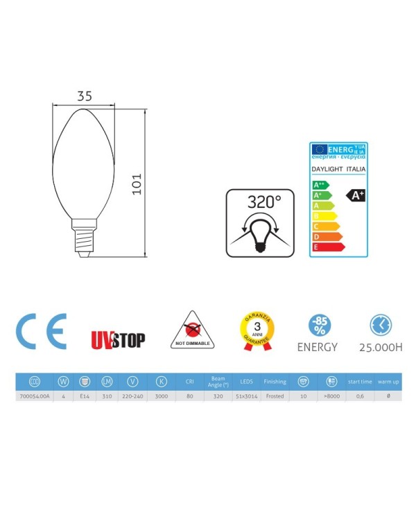 LED Light Bulb Olive 4W 310Lm E14 3000K Frosted