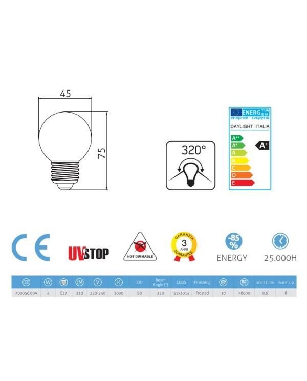 LED Light Bulb Sphere 4W 310Lm E27 3000K Frosted