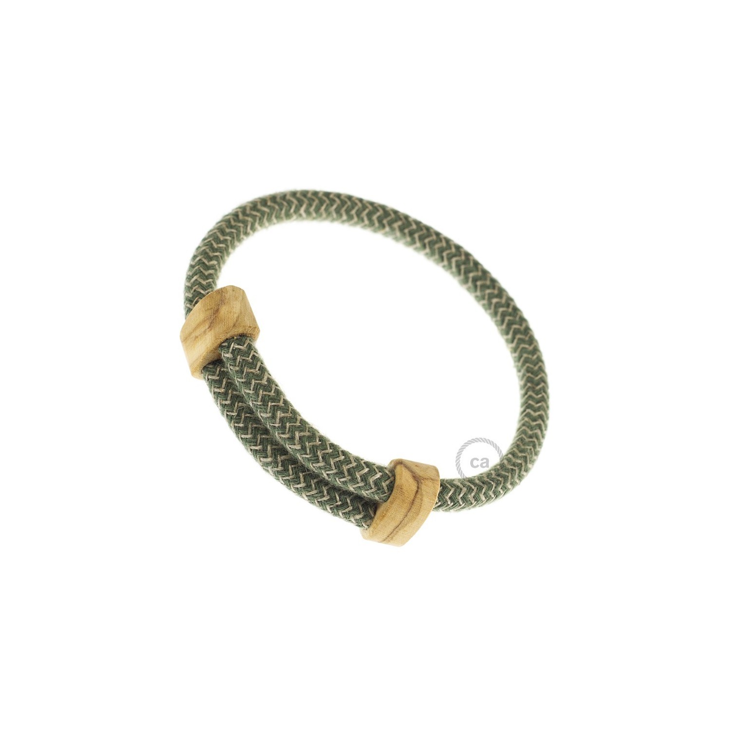 Creative-Bracelet in Cotton and Natural Linen Green Thyme ZigZag RD72. Wood sliding fastening. Made in Italy.