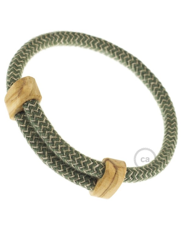 Creative-Bracelet in Cotton and Natural Linen Green Thyme ZigZag RD72. Wood sliding fastening. Made in Italy.
