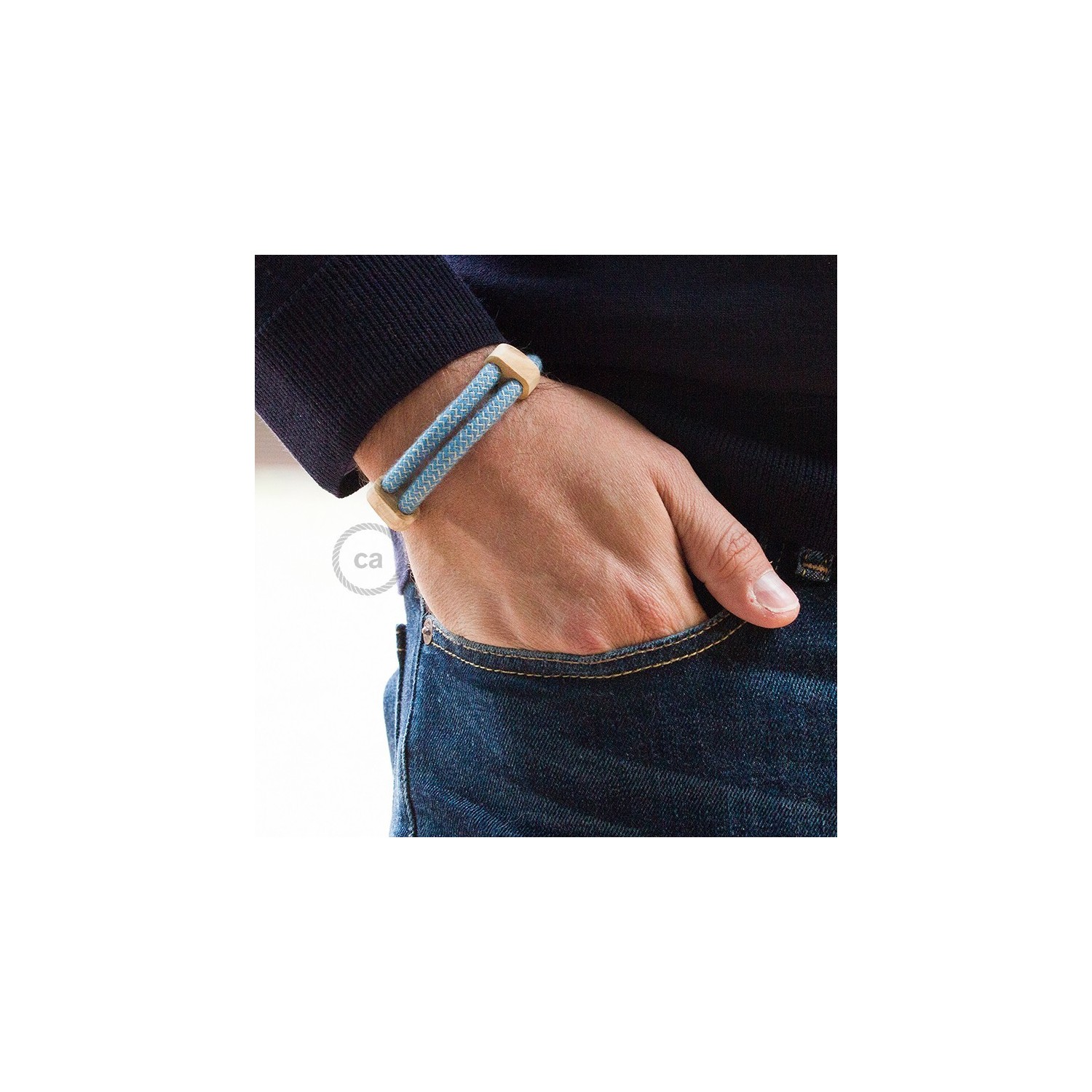 Creative-Bracelet in Cotton and Natural Linen Steward Bluee RD75. Wood sliding fastening. Made in Italy.