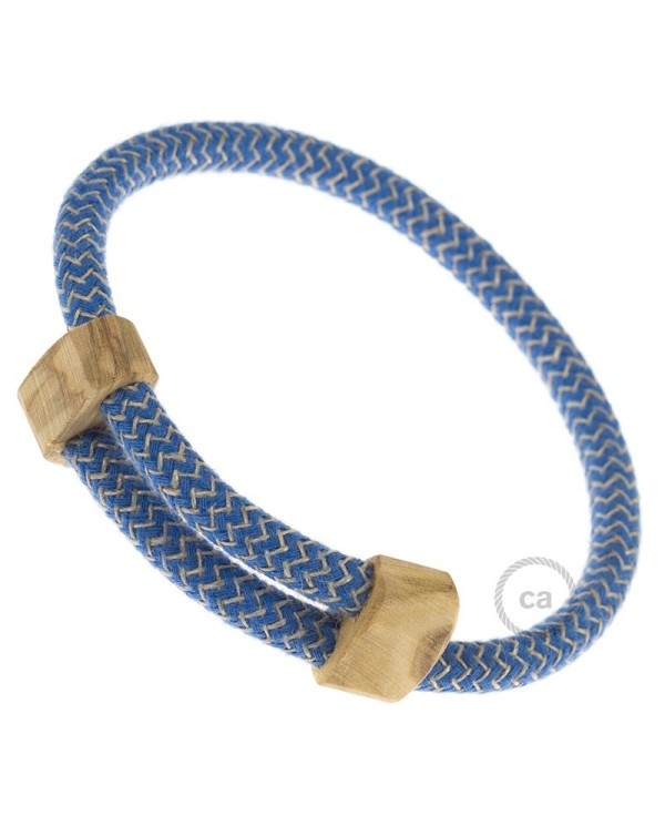 Creative-Bracelet in Cotton and Natural Linen Steward Bluee RD75. Wood sliding fastening. Made in Italy.