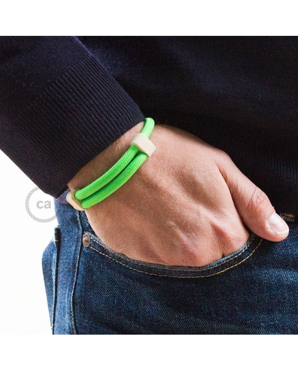 Creative-Bracelet in Rayon Fluo Green fabric RF06. Wood sliding fastening. Made in Italy.