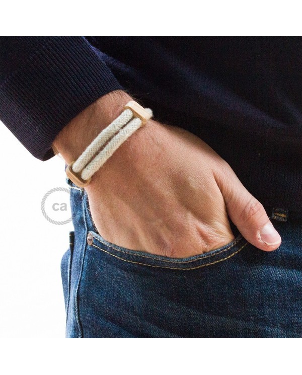 Creative-Bracelet in Natural Neutral Linen RN01. Wood sliding fastening. Made in Italy.