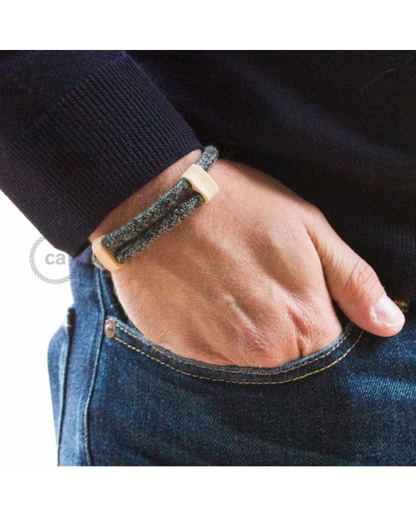 Creative-Bracelet in NaturalGrey Linen RN02. Wood sliding fastening. Made in Italy.