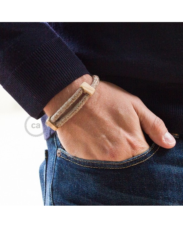 Creative-Bracelet in Russet Tweed Cotton, Natural Linen and finishing Glitter RS82. Wood sliding fastening. Made in Italy.