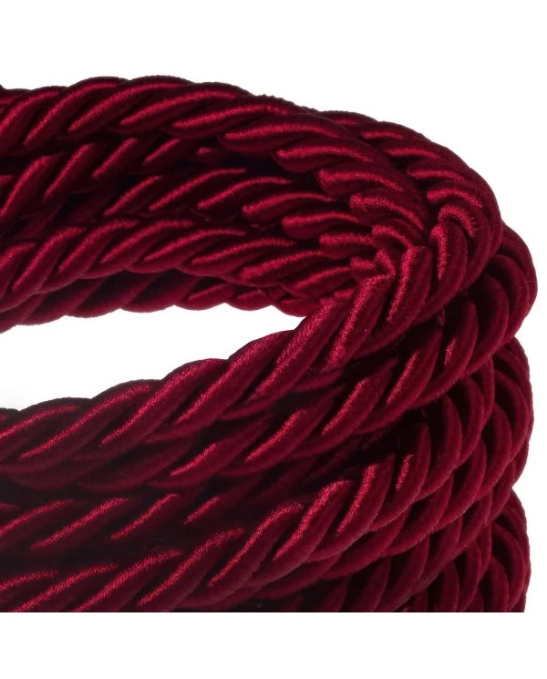 XL electrical cord, electrical cable 3x0,75. Shiny dark bordeaux fabric covering. Diameter 16mm.