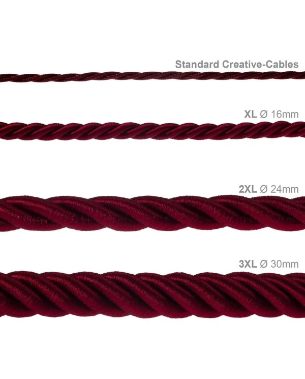 XL electrical cord, electrical cable 3x0,75. Shiny dark bordeaux fabric covering. Diameter 16mm.