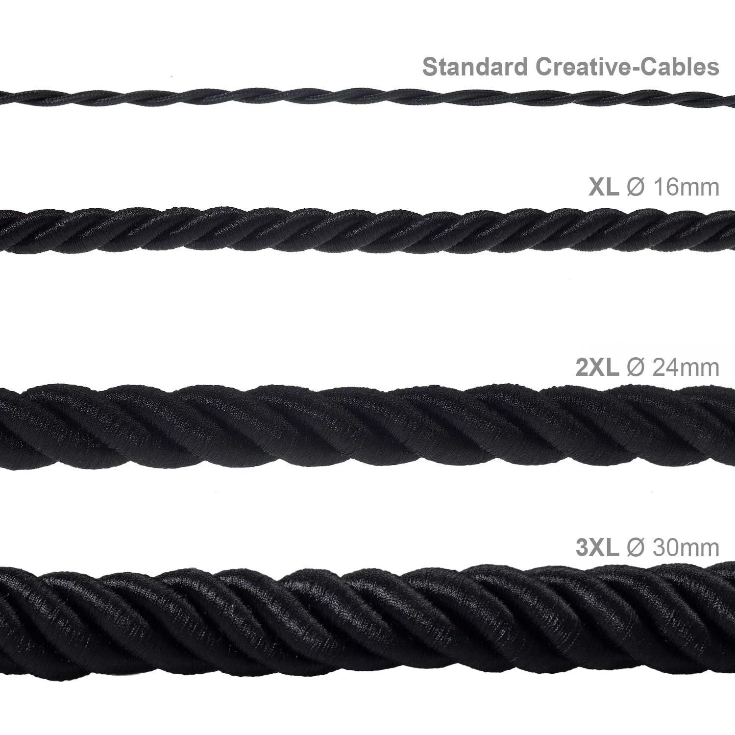 XL electrical cord, electrical cable 3x0,75. Shiny black fabric covering. Diameter 16mm.