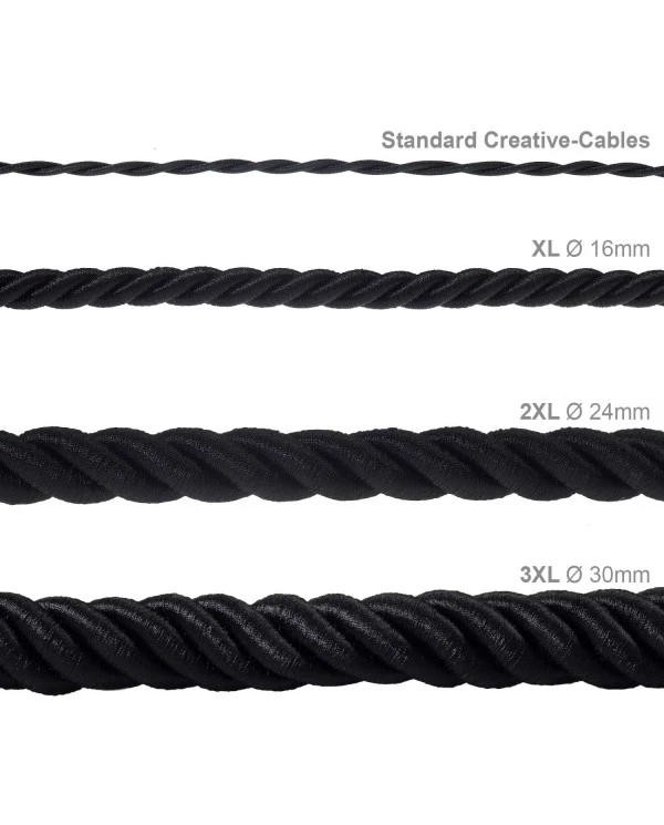 XL electrical cord, electrical cable 3x0,75. Shiny black fabric covering. Diameter 16mm.