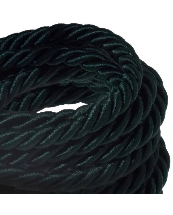 XL electrical cord, electrical cable 3x0,75. Shiny dark green fabric covering. Diameter 16mm.