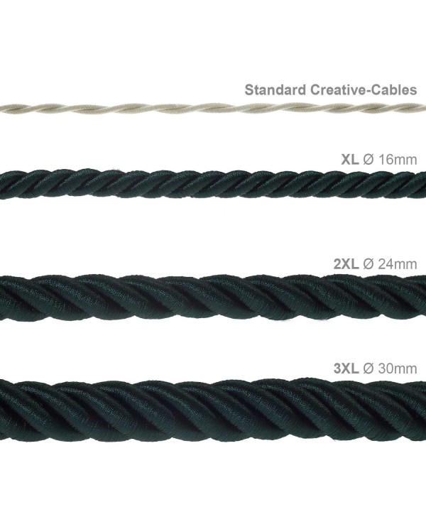 XL electrical cord, electrical cable 3x0,75. Shiny dark green fabric covering. Diameter 16mm.
