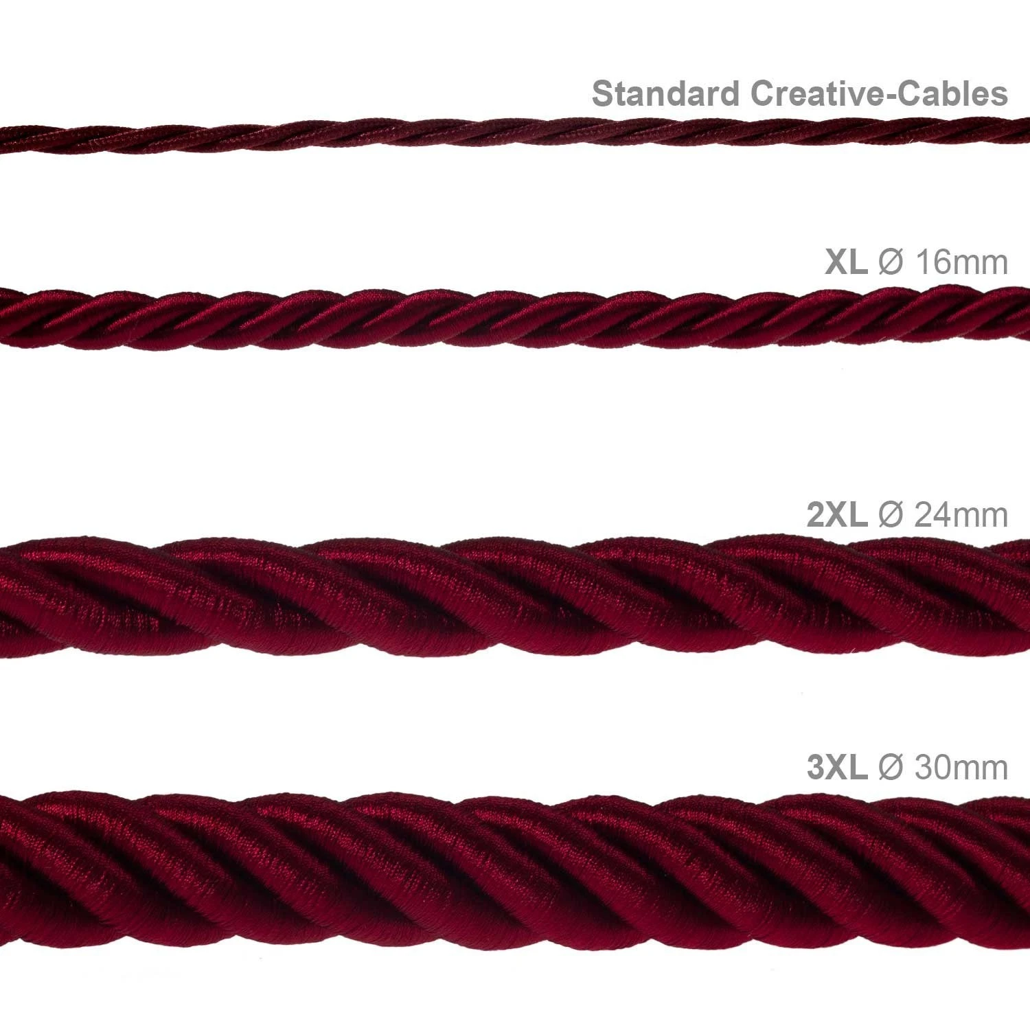 2XL electrical cord, electrical cable 3x0,75. Shiny dark bordeaux fabric covering. Diameter 24mm.