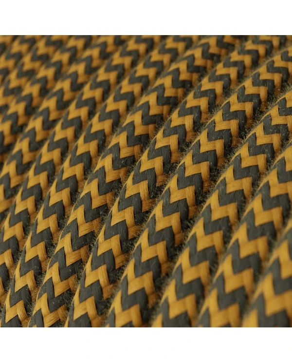 Round Electric Cable covered in Cotton - ZigZag Golden Honey and Anthracite RZ27