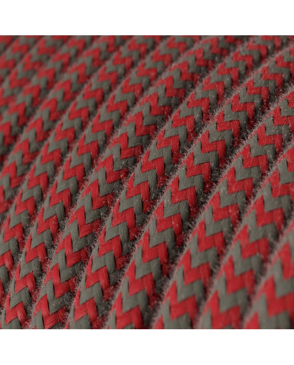 Round Electric Cable covered in Cotton - ZigZag Fire Red and Grey RZ28
