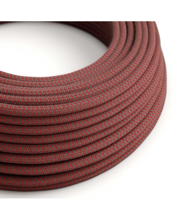 Round Electric Cable covered in Cotton - ZigZag Fire Red and Grey RZ28