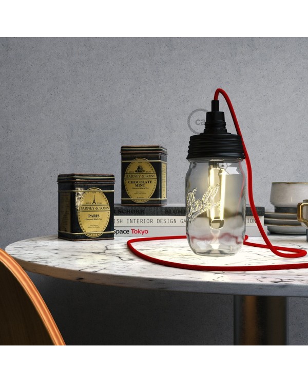 Black metal Mason Jar Pendant lighting Kit with cylindrical strain relief and E14 Black bakelite lamp holder