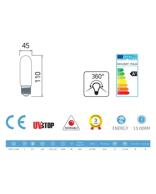 LED Golden Light Bulb Valve T45 - 5W 360Lm E27 2000K Dimmable