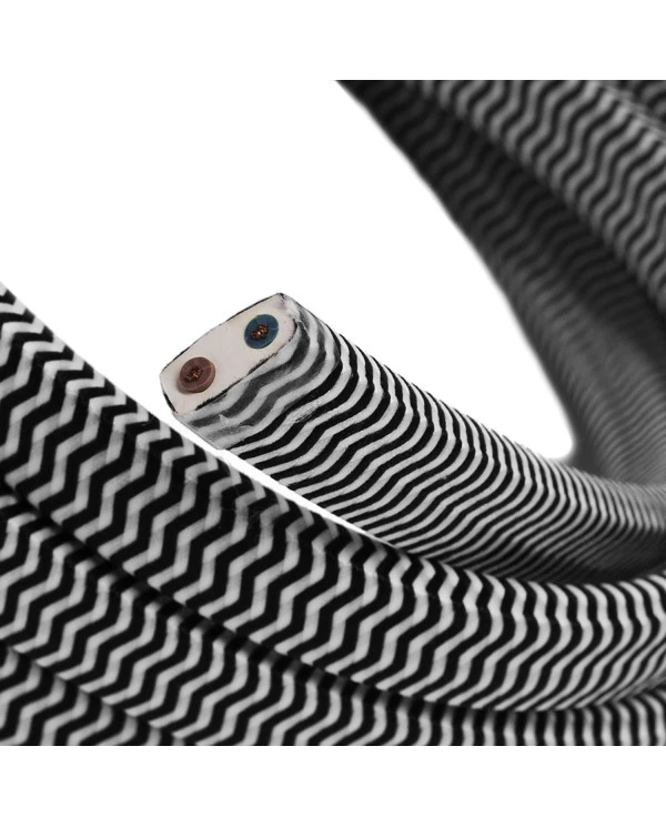 Electric cable for String Lights, covered by Rayon fabric ZigZag White-Black CZ04