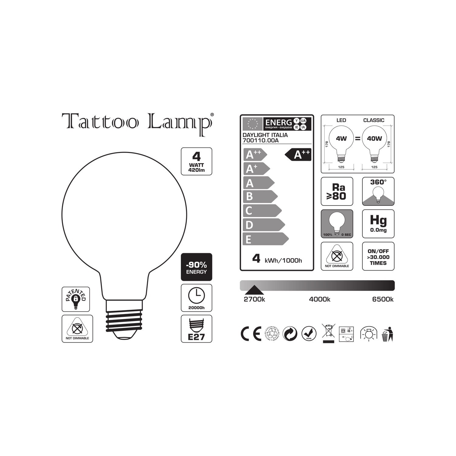 LED Light Bulb Globe G125 Short Filament - Tattoo Lamp® Pio 4W 420Lm E27 2700K
