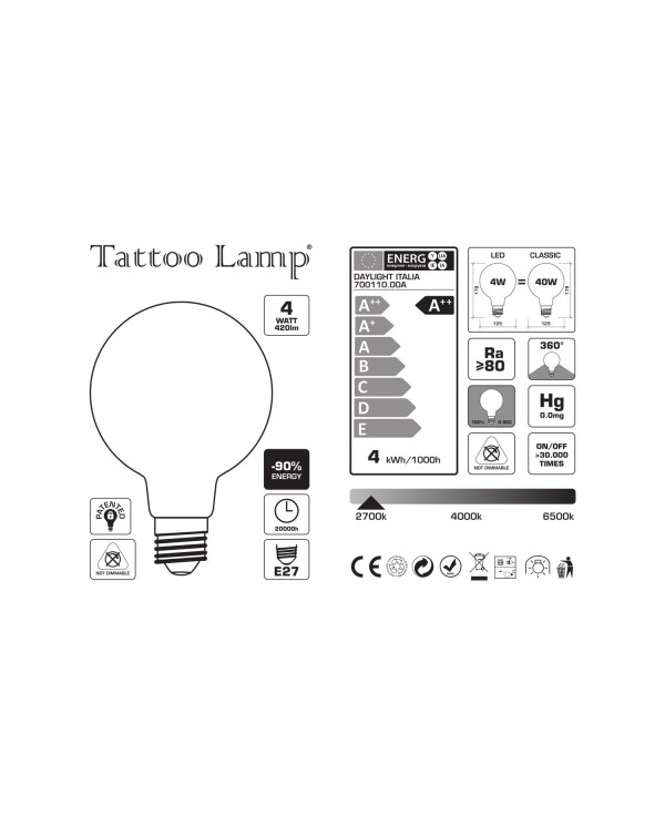 LED Light Bulb Globe G125 Short Filament - Tattoo Lamp® Otto 4W 420Lm E27 2700K