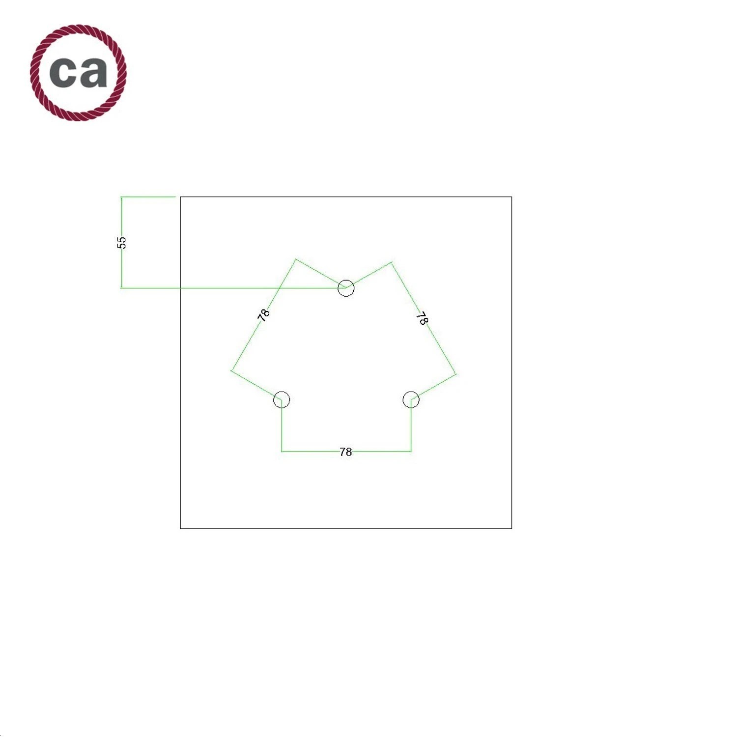 Square Rose-One 3-hole and 4 side holes ceiling rose, 200 mm