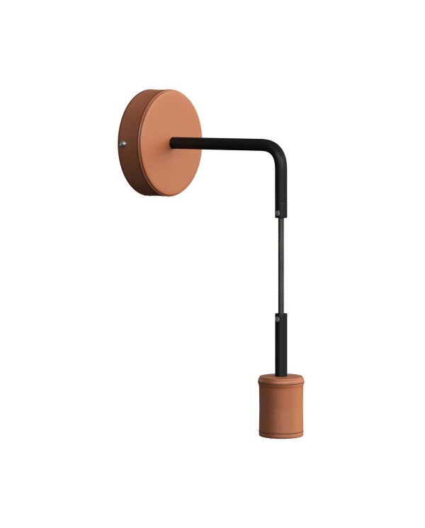 Fermaluce Leather, leather covered wooden wall light with bent extension and pendant lamp holder