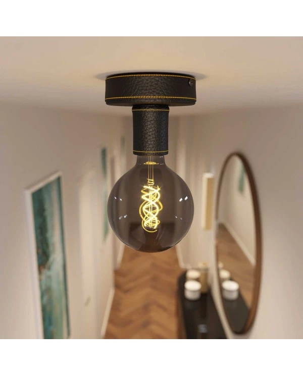 Fermaluce Leather, leather covered wooden ceiling or wall light. Made in Italy