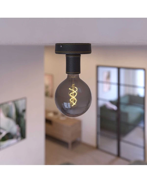 Fermaluce Leather, leather covered wooden ceiling or wall light. Made in Italy