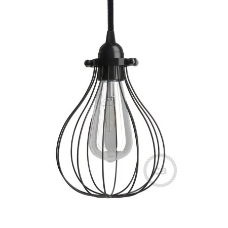 Naked light bulb cage metal lampshade Drop with adjustable collar closure - Black