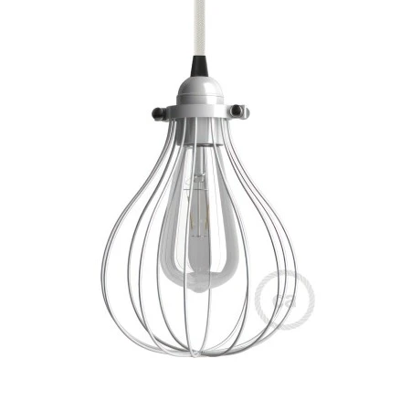 Naked light bulb cage metal lampshade Drop with adjustable collar closure - White