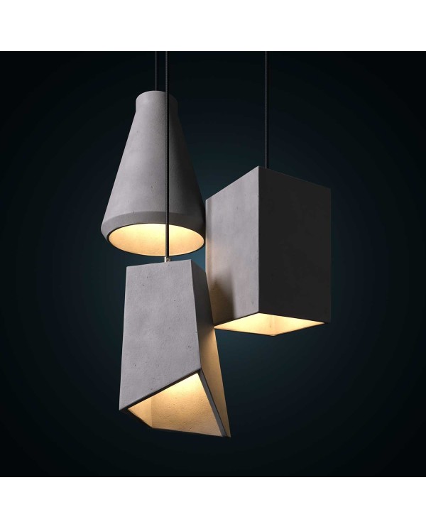 Cube cement lampshade for suspension, with cable clamp and E27 lamp holder