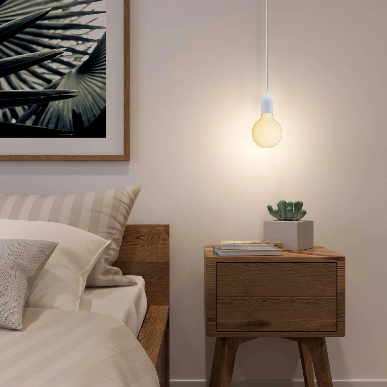 Pendant lamp with textile cable, rose and hemispherical metal lamp holder - Made in Italy - Bulb included