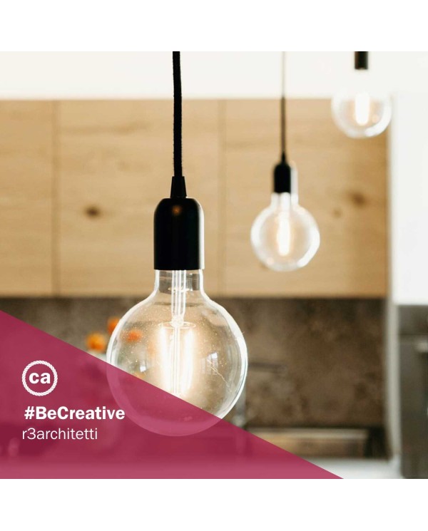 Pendant lamp with textile cable, rose and hemispherical metal lamp holder - Made in Italy