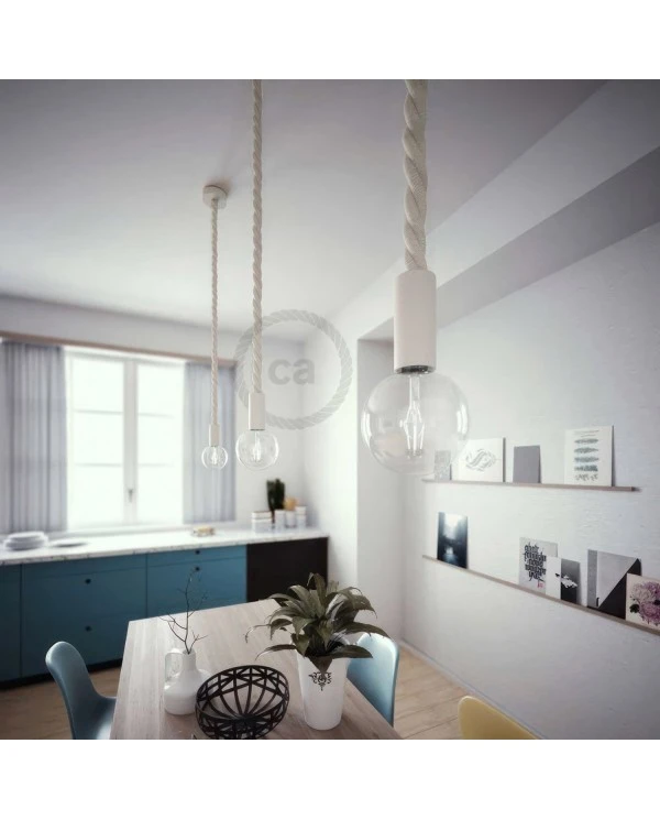 Pendant lamp with 3XL 30mm nautical cord painted wood details - Made in Italy