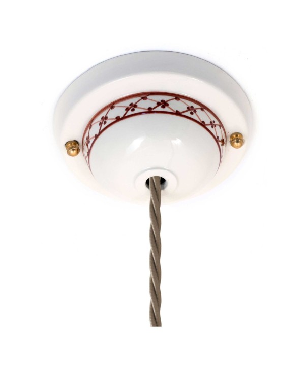 Pendant lamp with twisted textile cable and hand decorated ceramic details - Made in Italy