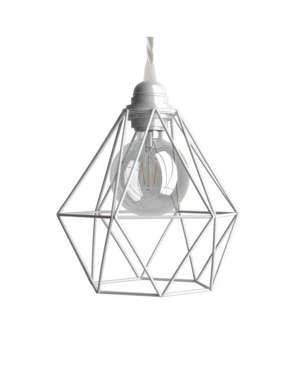 Pendant lamp with textile cable, Diamond cage lampshade and metal details - Made in Italy