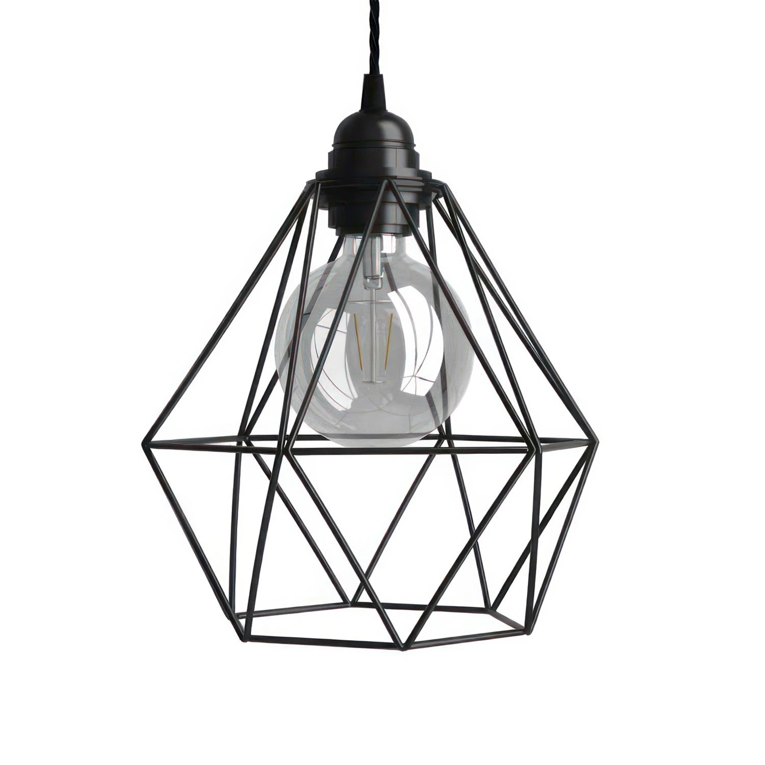 Pendant lamp with textile cable, Diamond cage lampshade and metal details - Made in Italy