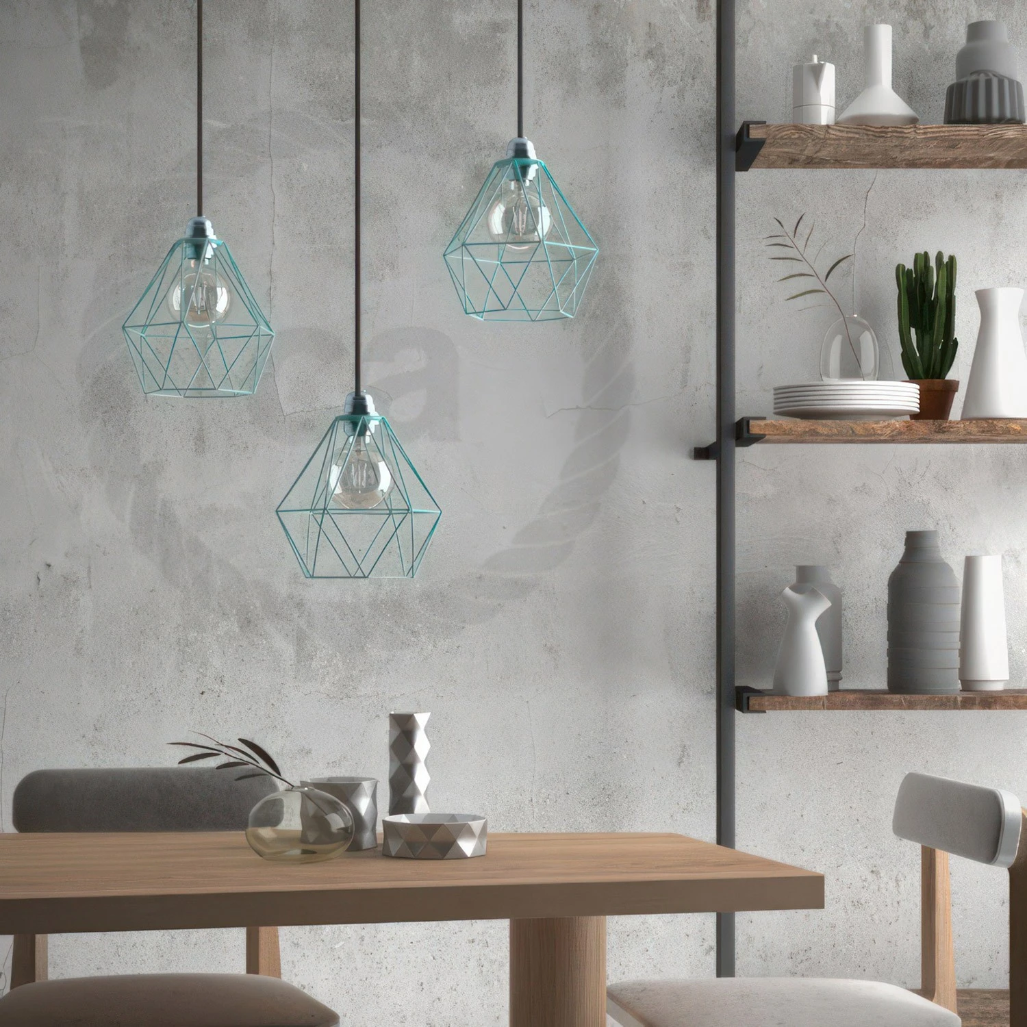 Pendant lamp with textile cable, Diamond cage lampshade and metal details - Made in Italy