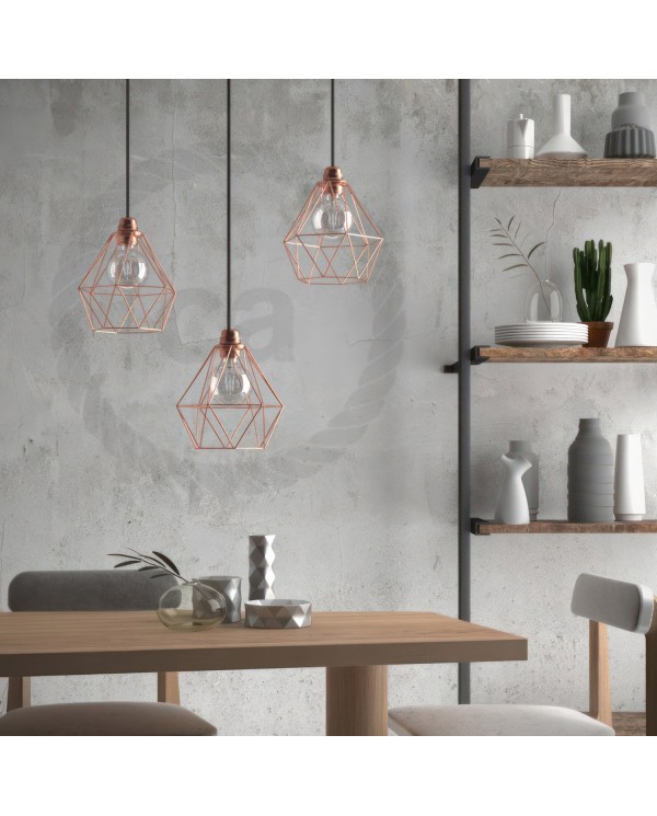Pendant lamp with textile cable, Diamond cage lampshade and metal details - Made in Italy