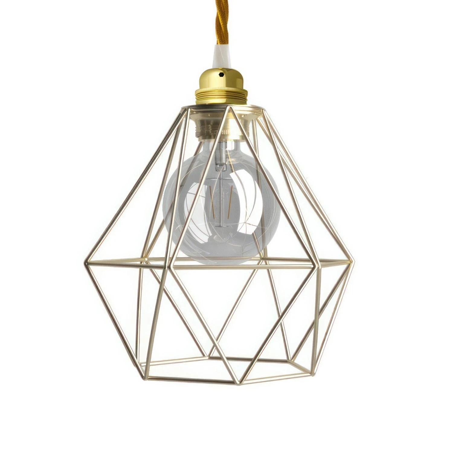 Pendant lamp with textile cable, Diamond cage lampshade and metal details - Made in Italy