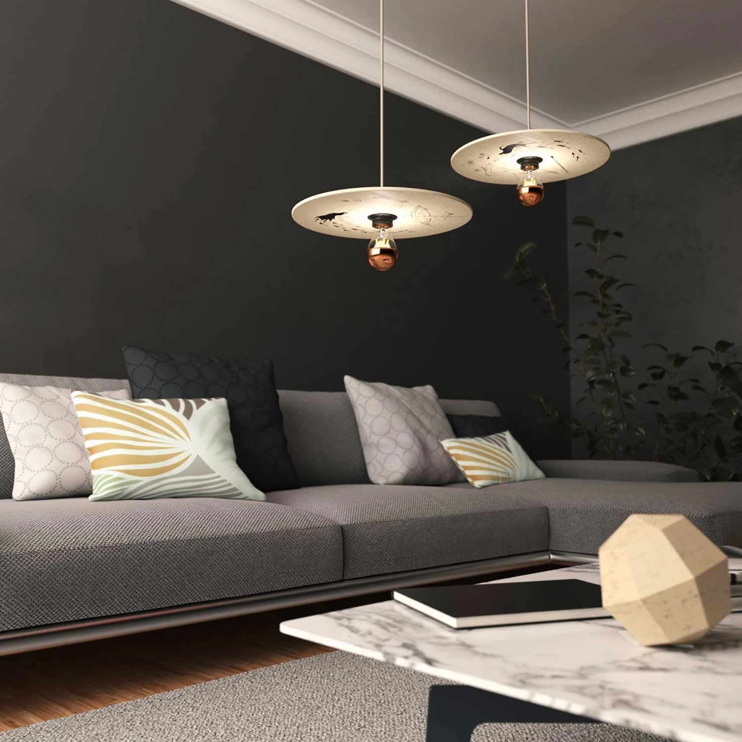 Pendant lamp with textile cable, UFO double-sided wooden lampshade and metal details - Made in Italy