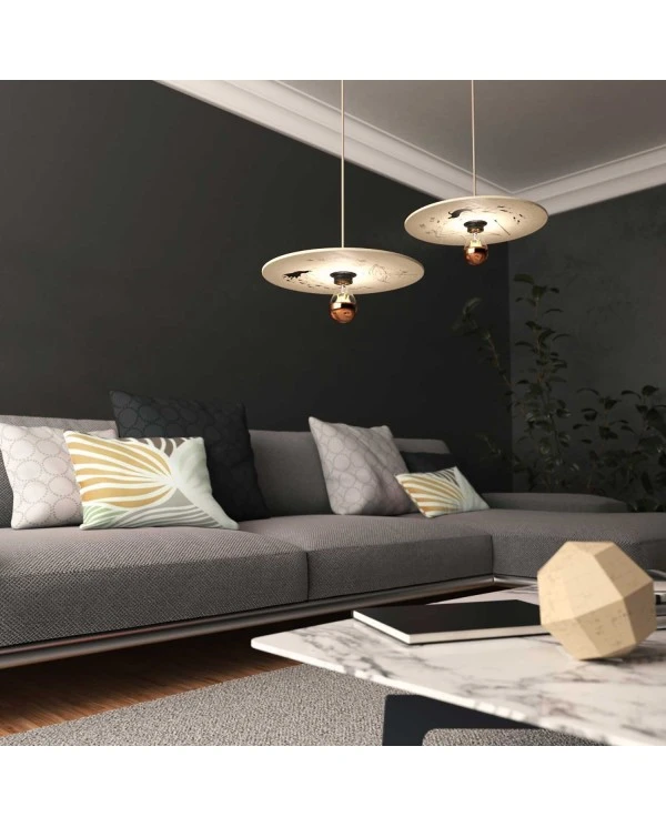 Pendant lamp with textile cable, UFO double-sided wooden lampshade and metal details - Made in Italy